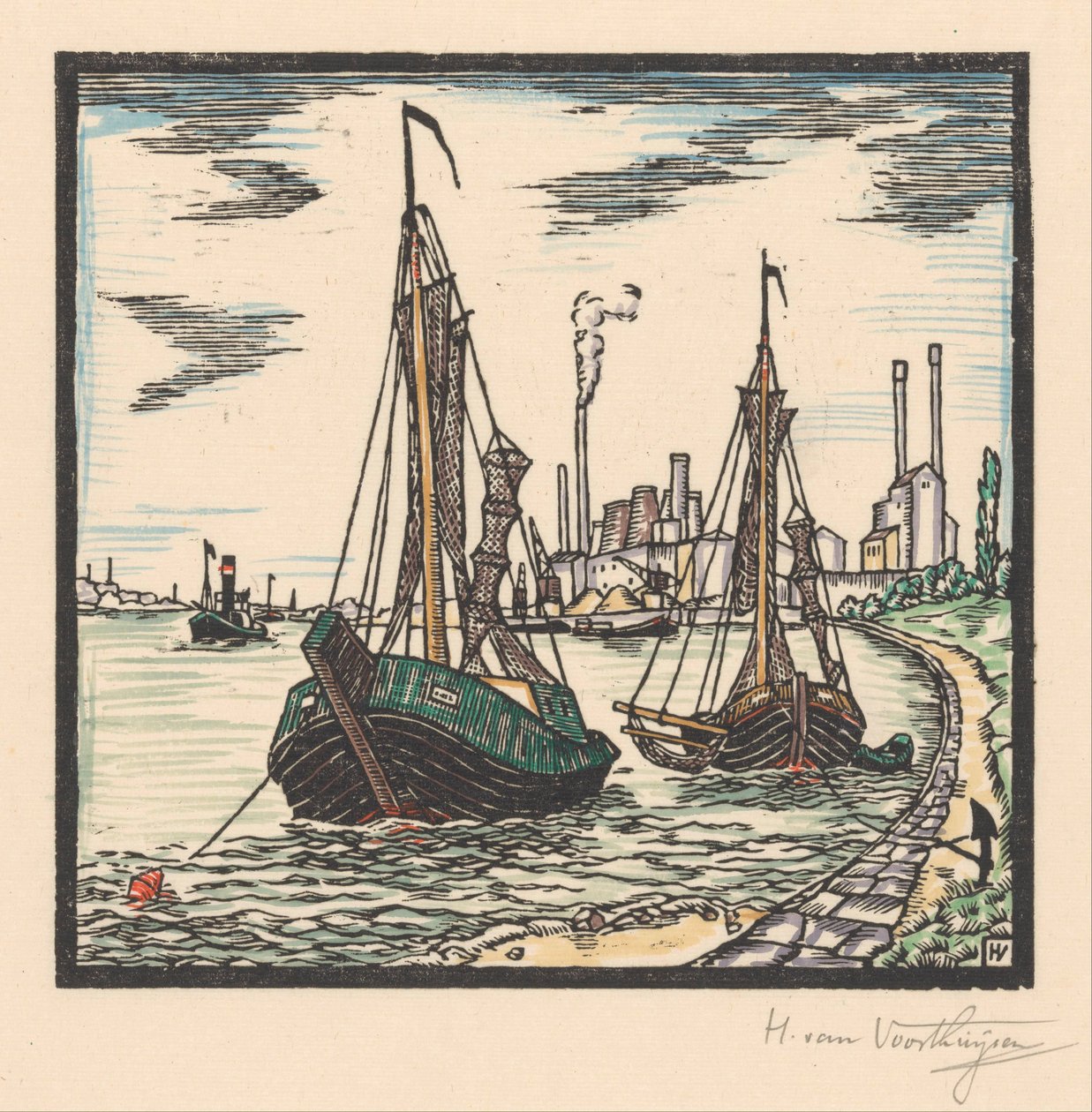 Fortøyde fiskebåter av Henriëtte van Hove (signed by artist)