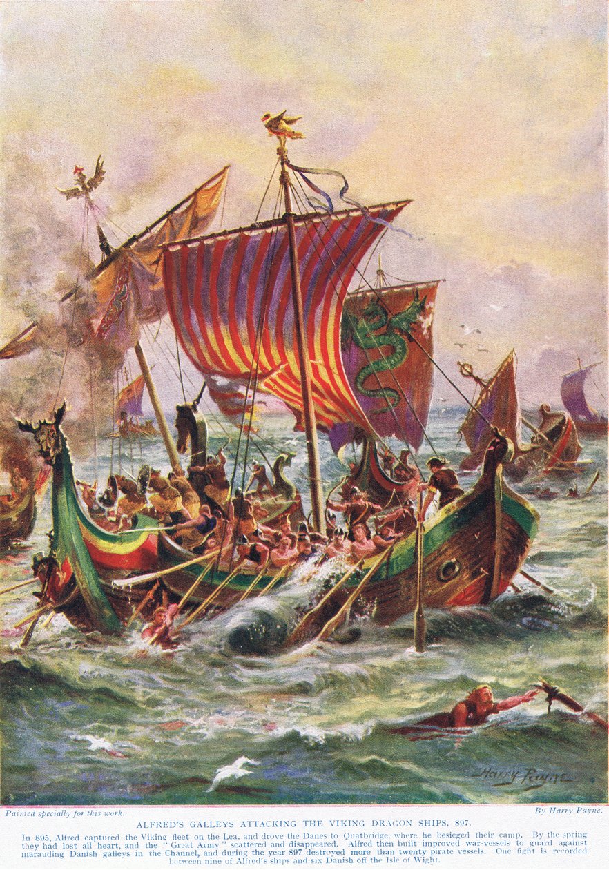 Alfreds bysser angriper Viking Dragon-skipene, 897 e.Kr., illustrasjon fra 