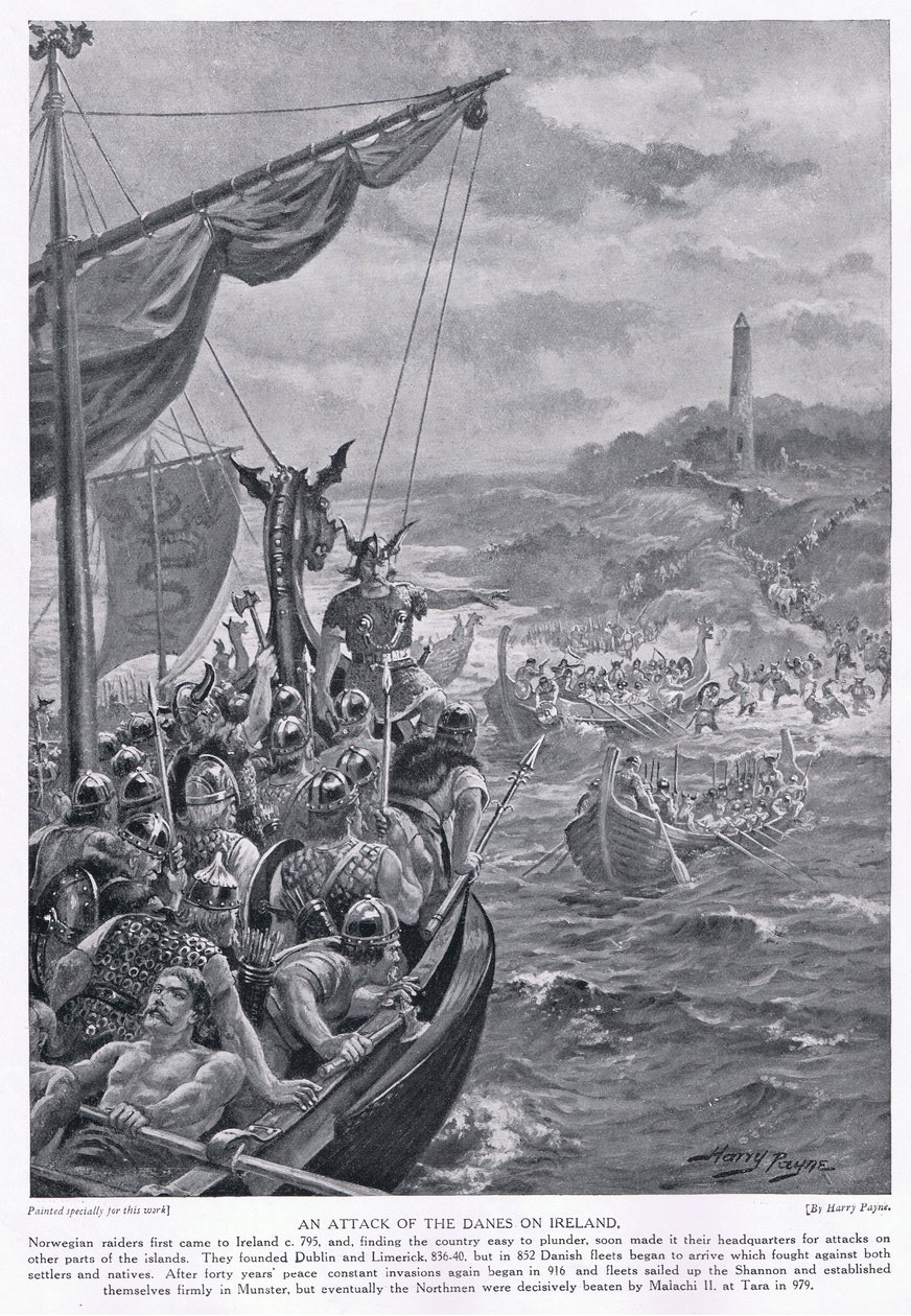 Et angrep fra danskene på Irland rundt 795 e.Kr., 1920-tallet av Henry A. Payne