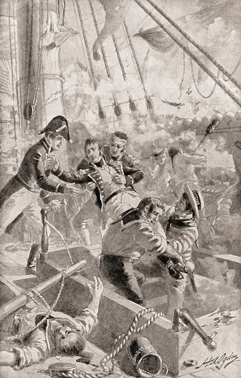 Kaptein James Lawrence uttalte sine siste ord eller døende kommando, Dont give up the ship!, fra The History of Our Country, publisert 1905 av Henry Alexander Ogden