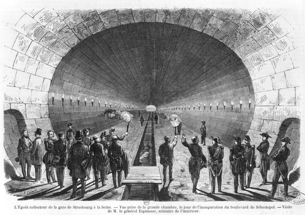 Hovedkloakk fra Strasbourg stasjon til Seinen. Offisielt besøk av innenriksministeren, general Charles Marie Esprit Espinasse (1815-59) april 1858 av Henry Augustin Valentin