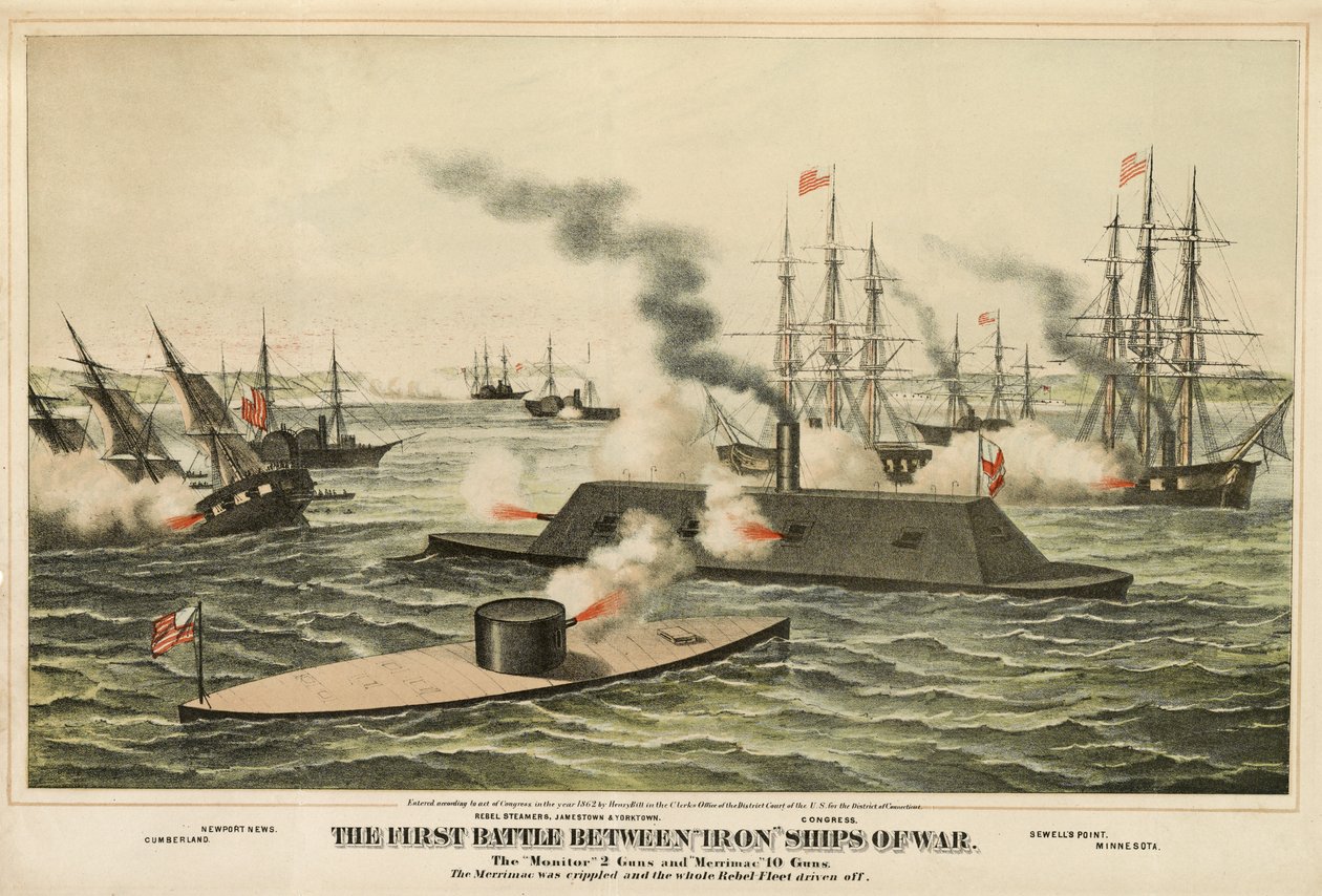 The First Battle Between Iron Ships of War, publisert ca. 1862 av Henry Bill