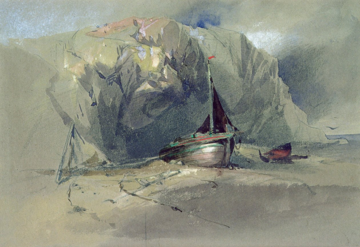 En fiskesmell og en liten båt tegnet på kysten under en steinete klippe, 1800-tallet av Henry Bright