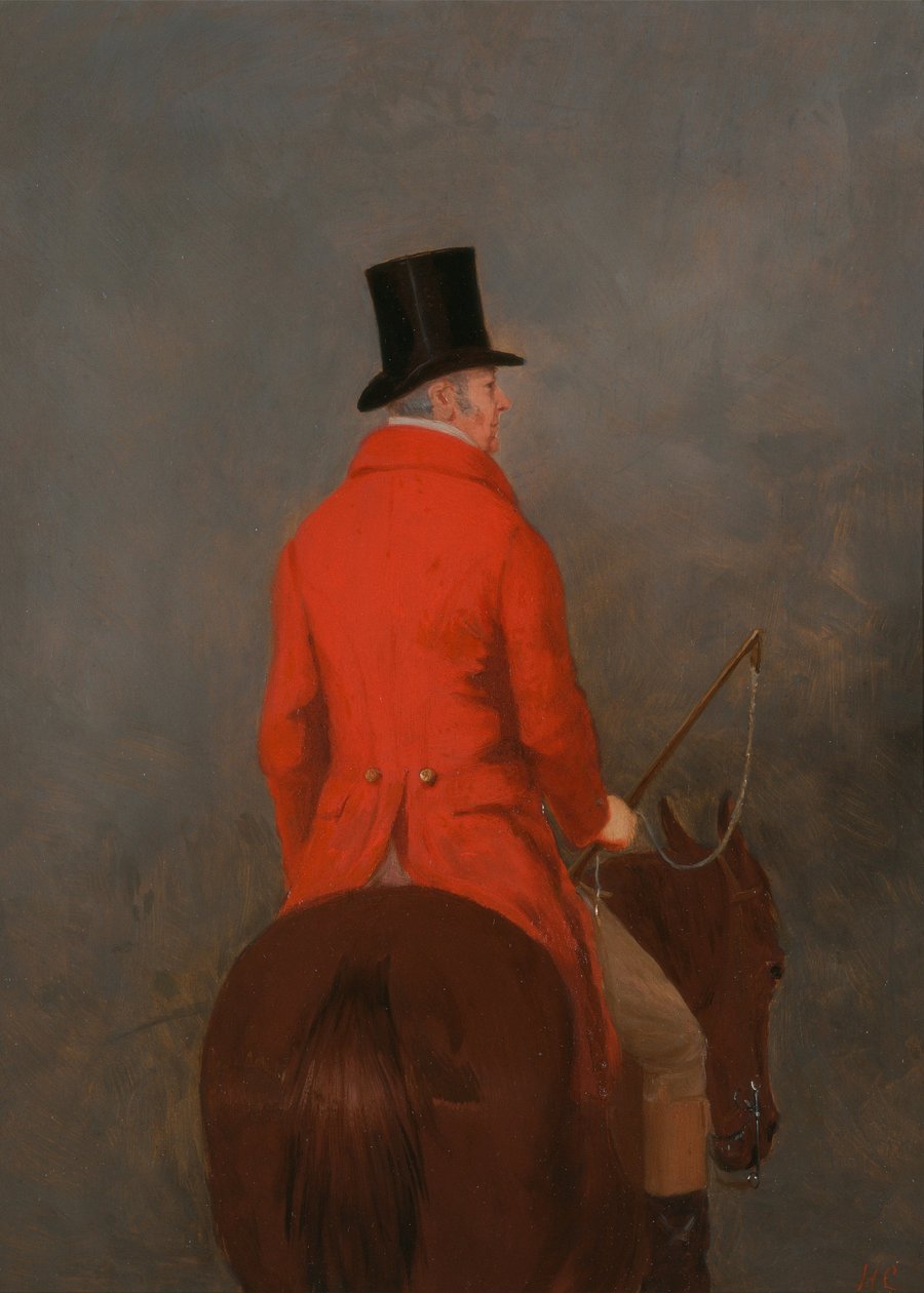 Portrett av Thomas Cholmondeley, 1. Lord Delamere, på sin jeger (studie for The Cheshire Hunt på ... av Henry Calvert