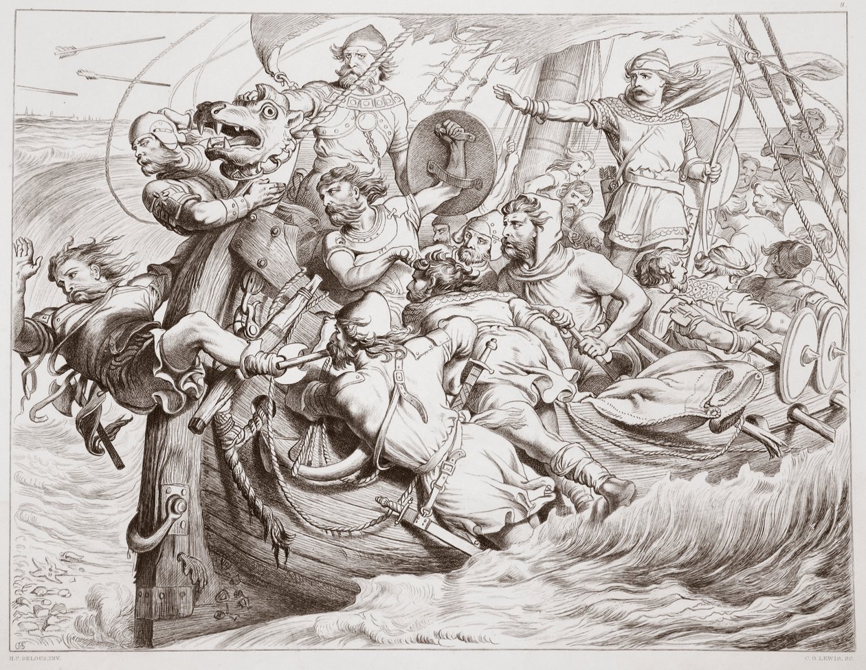 Hvordan Hereward kjører skipet sitt på Flanders-kysten, illustrasjon fra Hereward the Great av Charles Kingsley, pub. 1870, gravert av C.G. Lewis (gravering av stålplater) av Henry Courtney Selous
