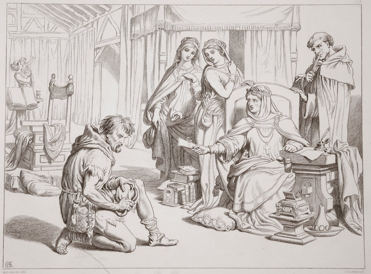 Martin Lightfoot forplikter seg til å være bærer av brevet til Earl Leofric, illustrasjon fra Hereward the Great av Charles Kingsley, pub. 1870, gravert av C.G. Lewis (gravering av stålplater) av Henry Courtney Selous