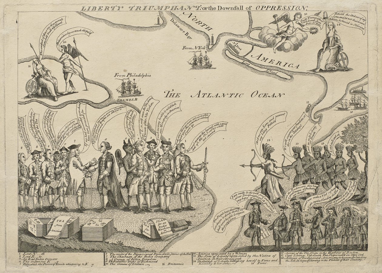 Liberty Triumphant (eller Undertrykkelsens undergang), ca. 27. desember 1779 - før april 1774 (gravering (ufarget) og etsing på lagt papir) av Henry Dawkins