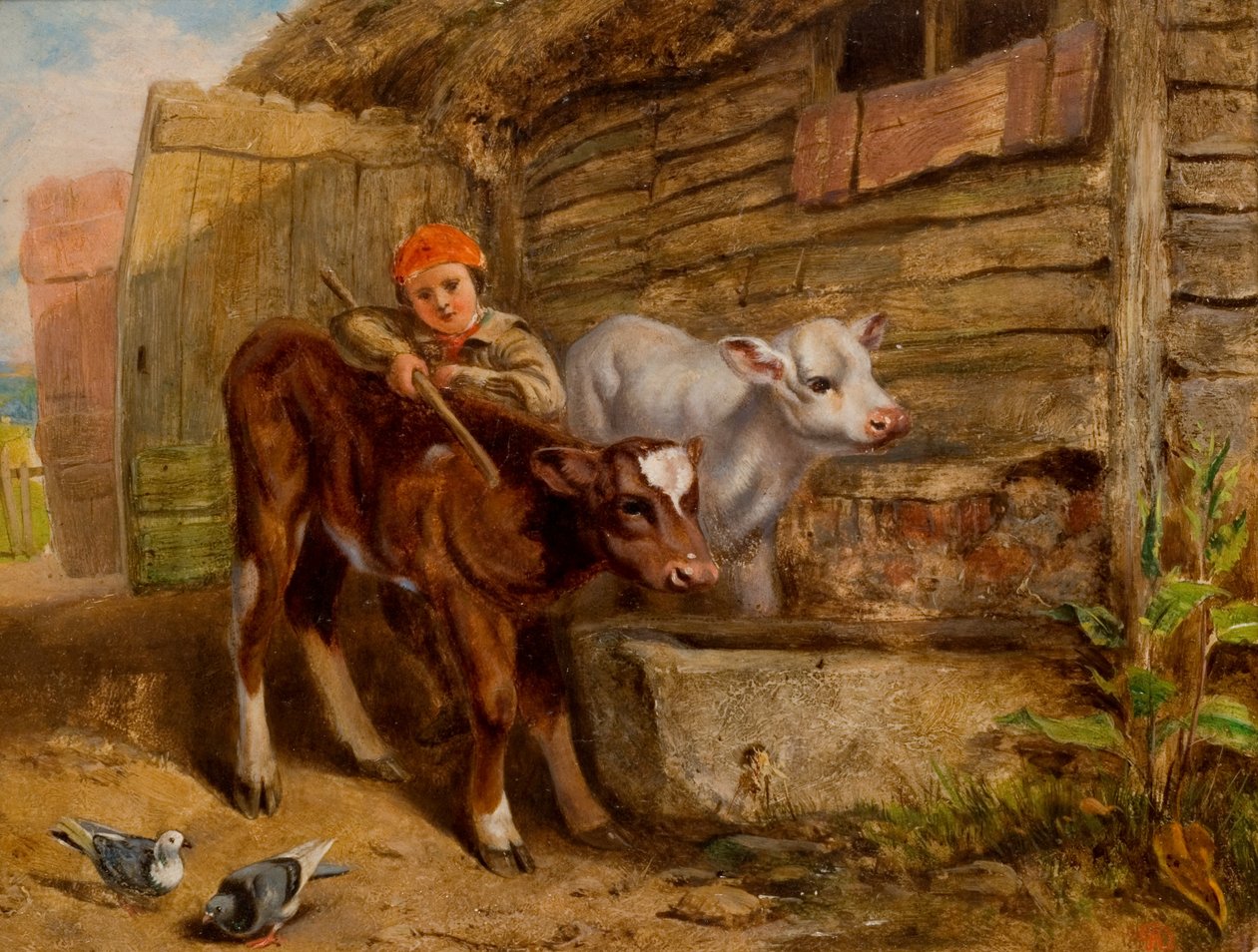 Gutt med kalver og trau av Henry Dawson