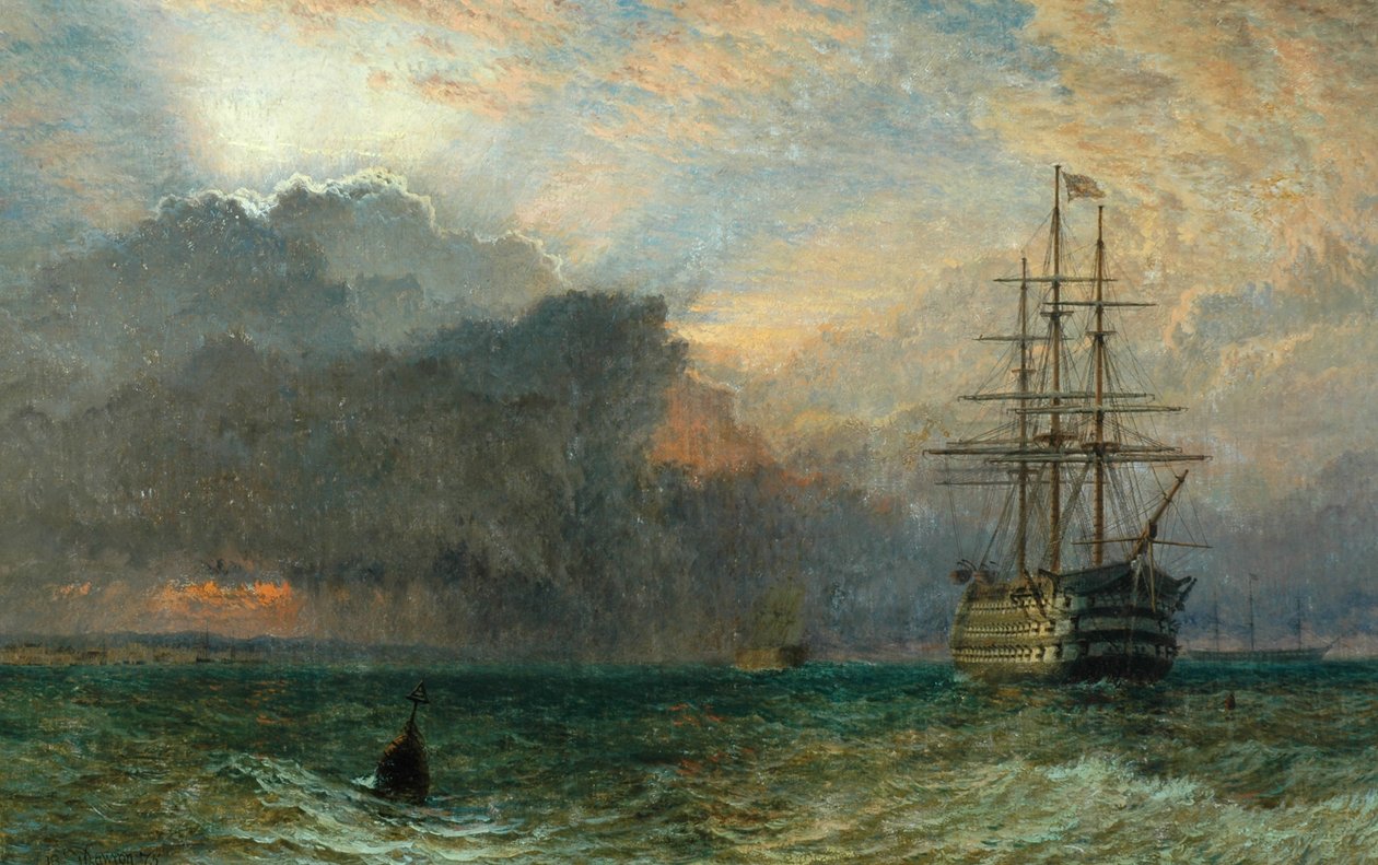 Man O'War and a Stormy Sunset (The Guardship), 1875 av Henry Dawson