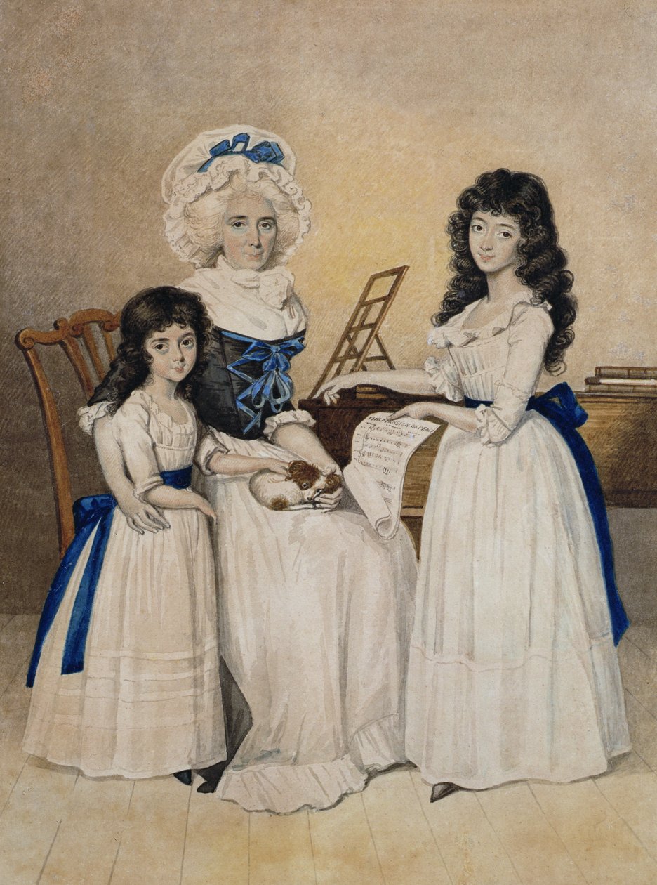 The Mansion of Peace: Fru Campell og hennes to døtre ved siden av en Pianoforte av Henry Edridge