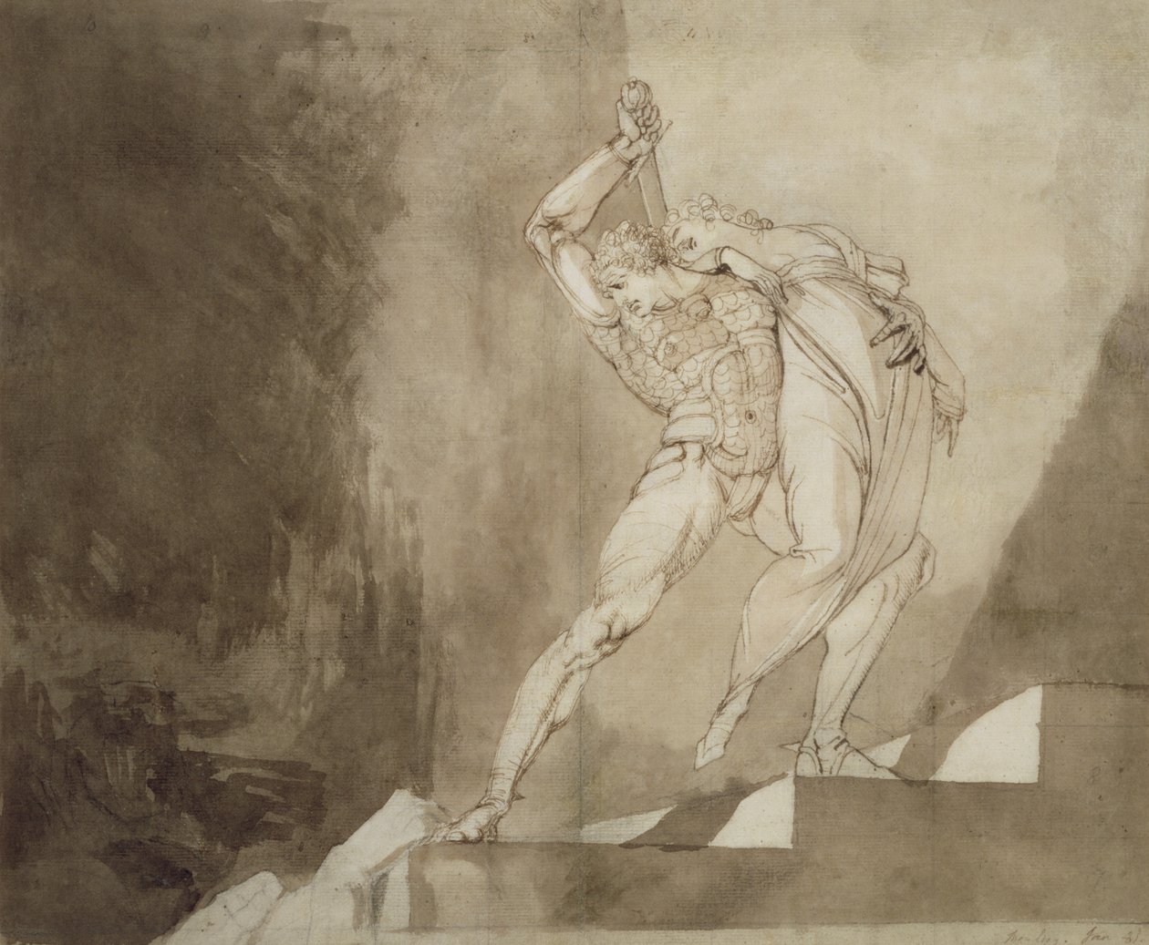 A Warrior Rescuing a Lady, 1780-85 (penn, blekk og vask på papir) av Johann Heinrich Füssli