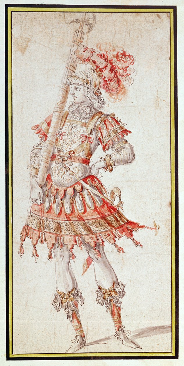 Kostymedesign for Carousel, ca. 1662 (penn, blekk og wc på papir) av Henry Gissey