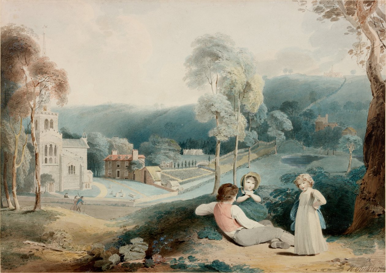 Barn i landskap med kirke (kroppsfarge) av Henry James Richter
