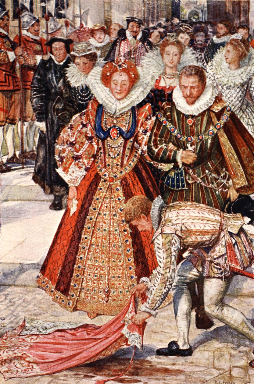 Walter Raleigh kaster kappen ned for dronning Elizabeth, illustrasjon fra 