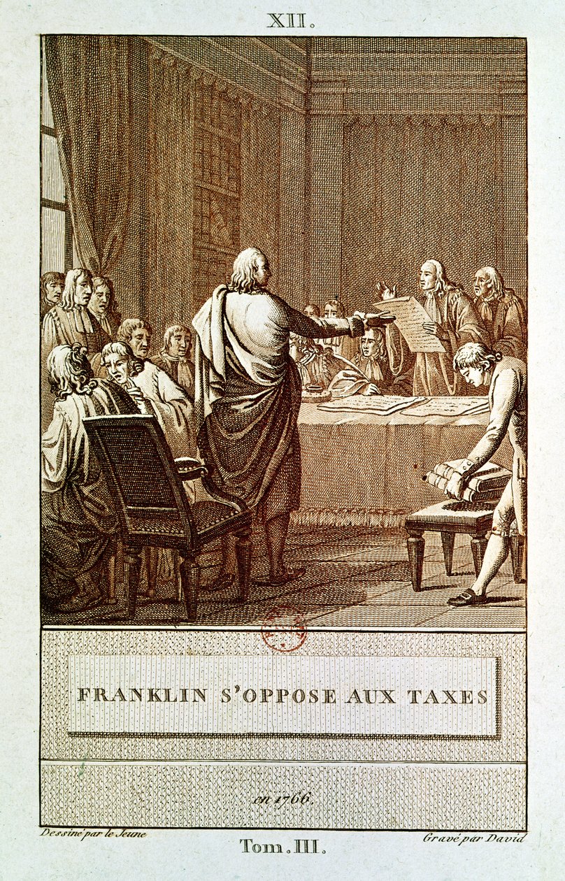 Benjamin Franklin presenterte sin motstand mot skattene i 1766, gravert av David av Henry Le Jeune