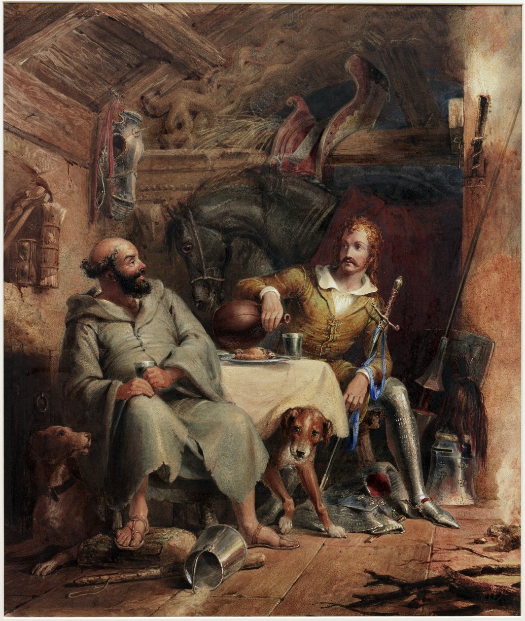 Friar Tuck and the Black Prince (akvarell og kroppsfarge på papir på kort) av Henry Liverseege