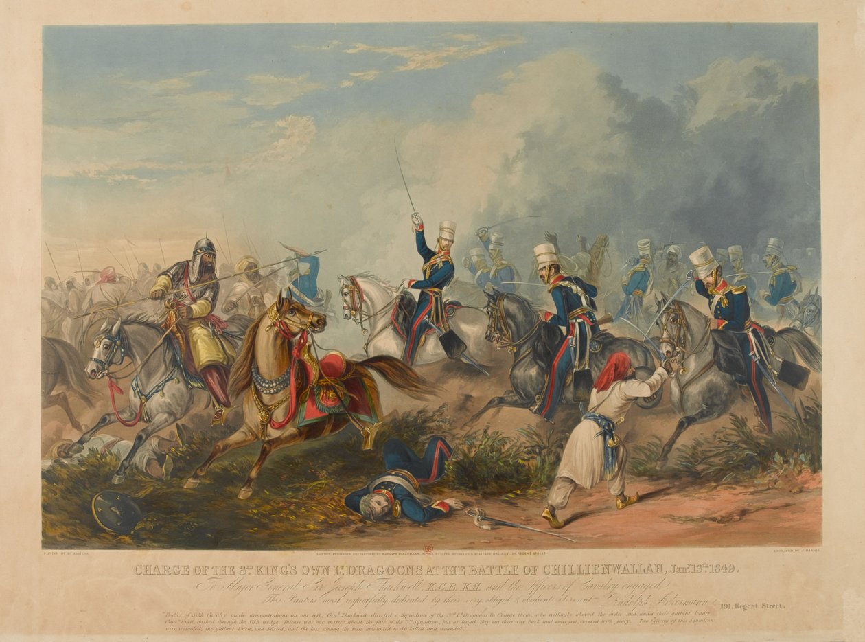 Anklagen for den tredje kongens egne lette dragoner i slaget ved Chillianwala den 13. januar 1849, gravert av J. Harris, 1849 (farget akvatint) av Henry Martens