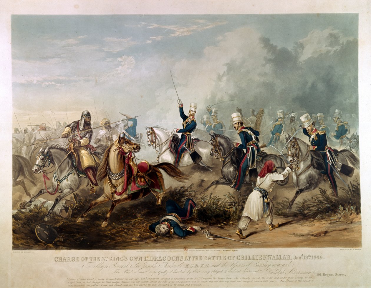 Anklagen for kongens egne lette dragoner i slaget ved Chillianwala 13. januar 1849, gravert av J. Harris, 1849 (farget akvatint) av Henry Martens