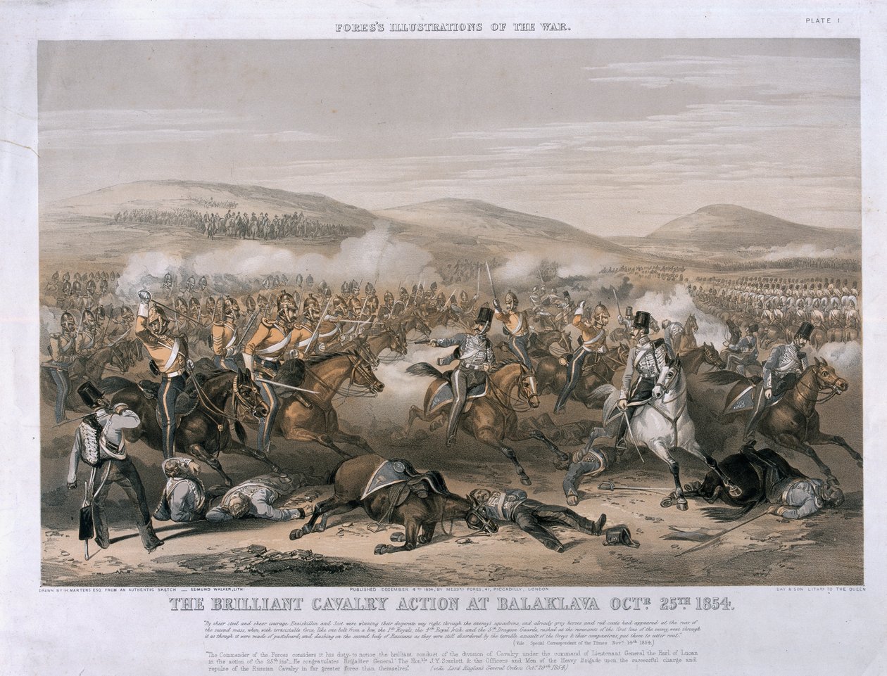 The Brilliant Cavalry Action at the Battle of Balaclava, 25. oktober 1854, gravert av Edmund Walker, publisert 1854 (tonet litho) av Henry Martens