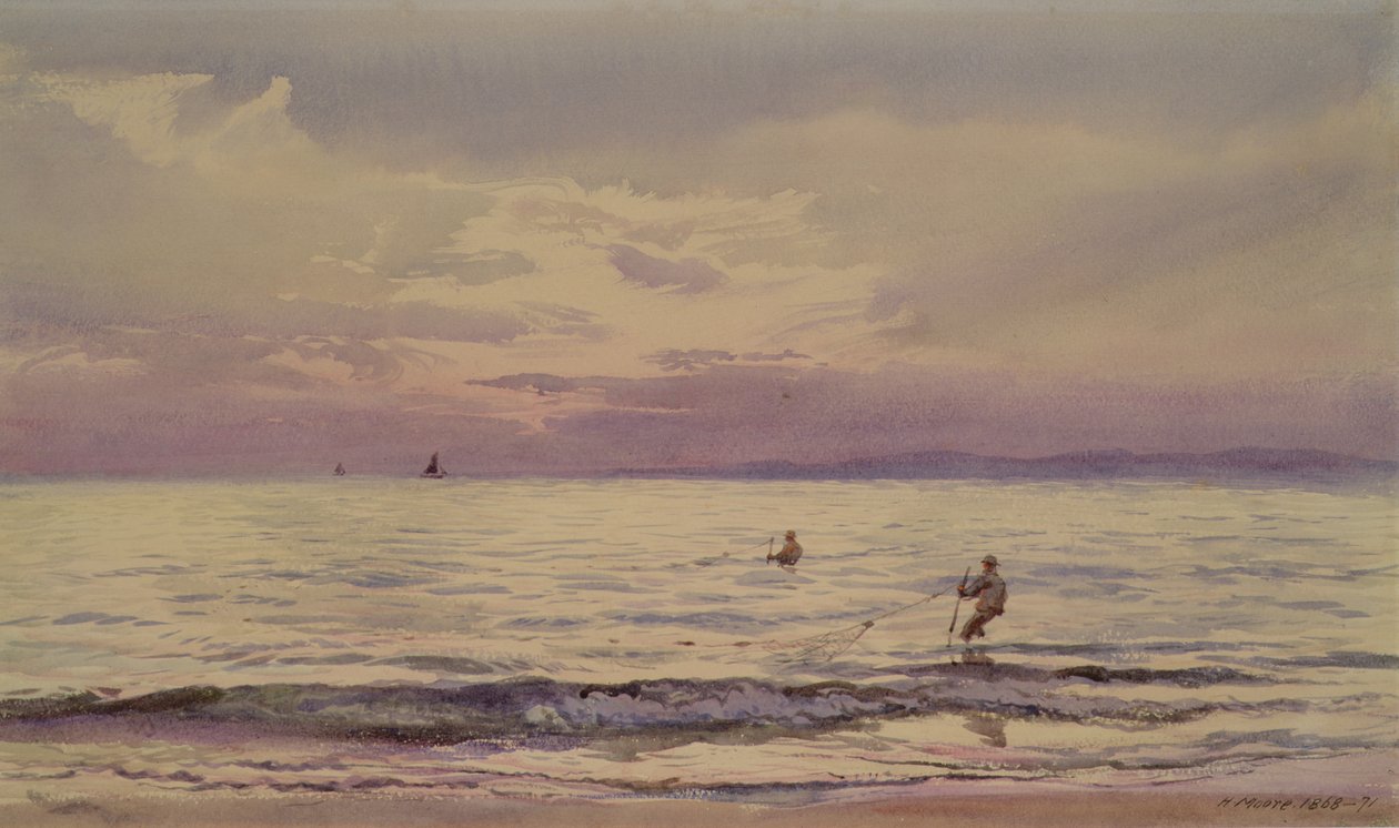 Fiskere som arbeider ved solnedgang, 1868-71 av Henry Moore
