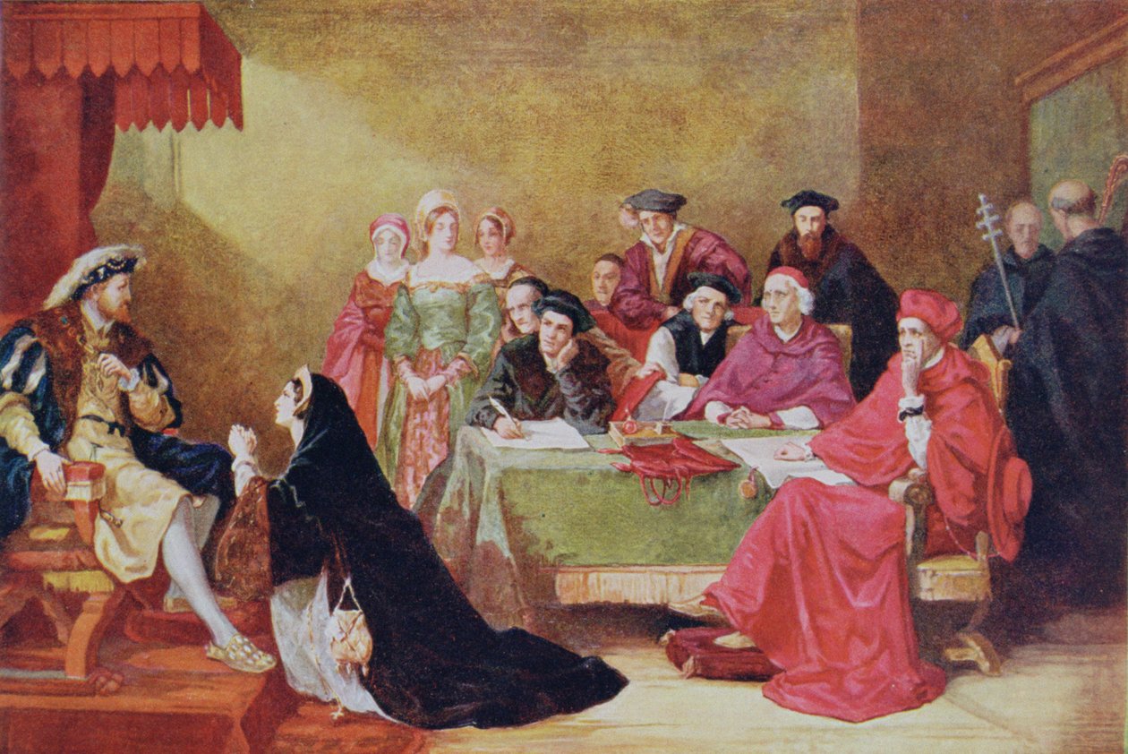 Rettsaken mot Katarina av Aragon (1485-1536) illustrasjon fra 'Hutchinson's Story of the British Nation' av Henry Nelson O