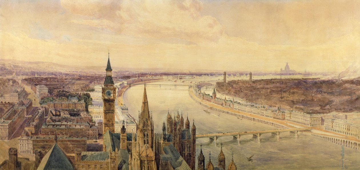 Arkitektonisk panorama av et foreslått opplegg for South Bank of Themsen, ca. 1861 (wc) av Henry Newton