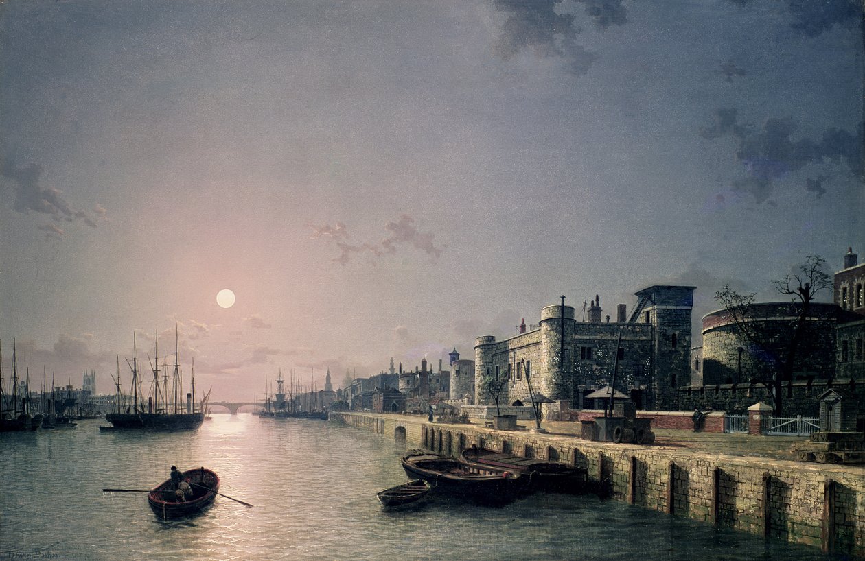 Tower of London og Themsen i måneskinn av Henry Pether