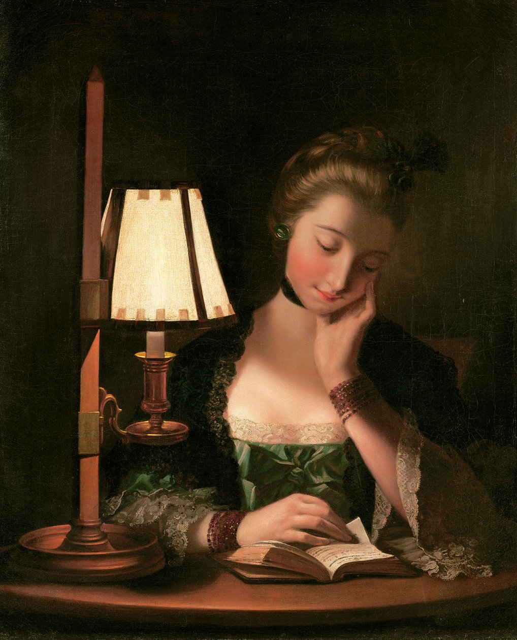Kvinne som leser av en papirklokkeskjerm, 1766 av Henry Robert Morland