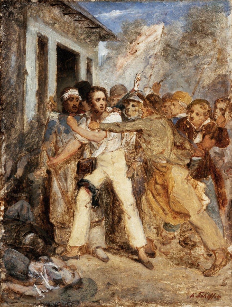 Study for a Battle Scene: En mann blir arrestert, ca. 1830 av Henry Scheffer