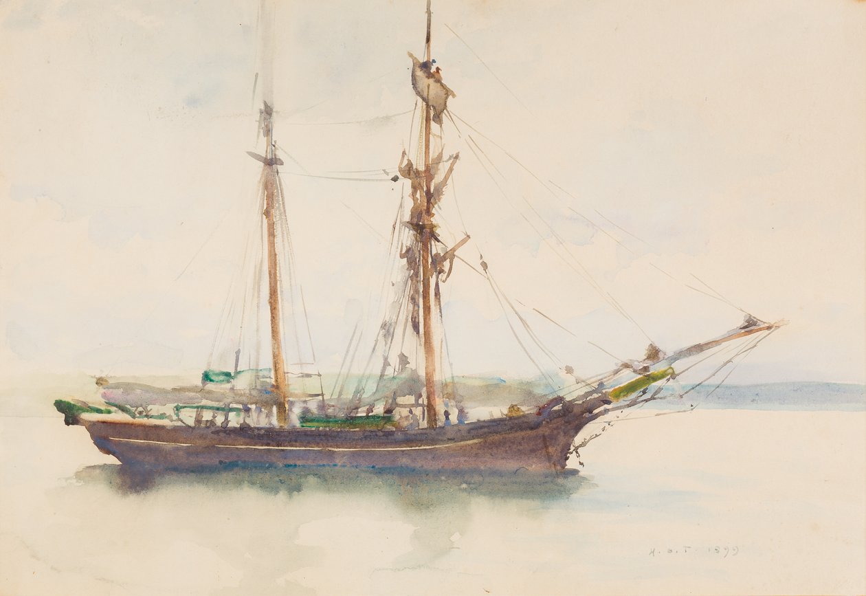 Bark med seil droppet (wc på papir) av Henry Scott Tuke