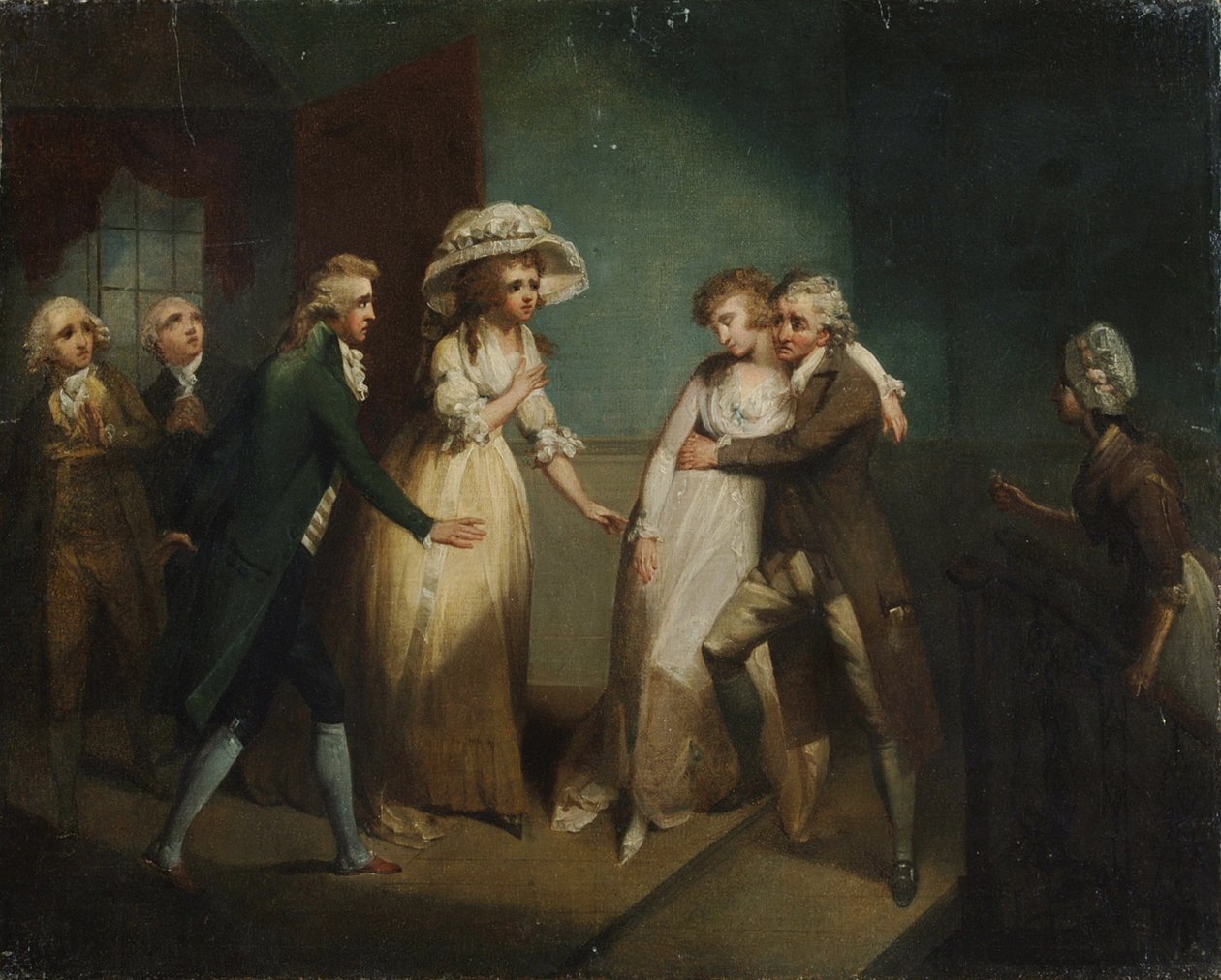 Camilla besvimer i armene til faren sin, illustrasjon av en scene fra 'Camilla', eller 'A Picture of Youth', publisert i 1796 av Henry Singleton