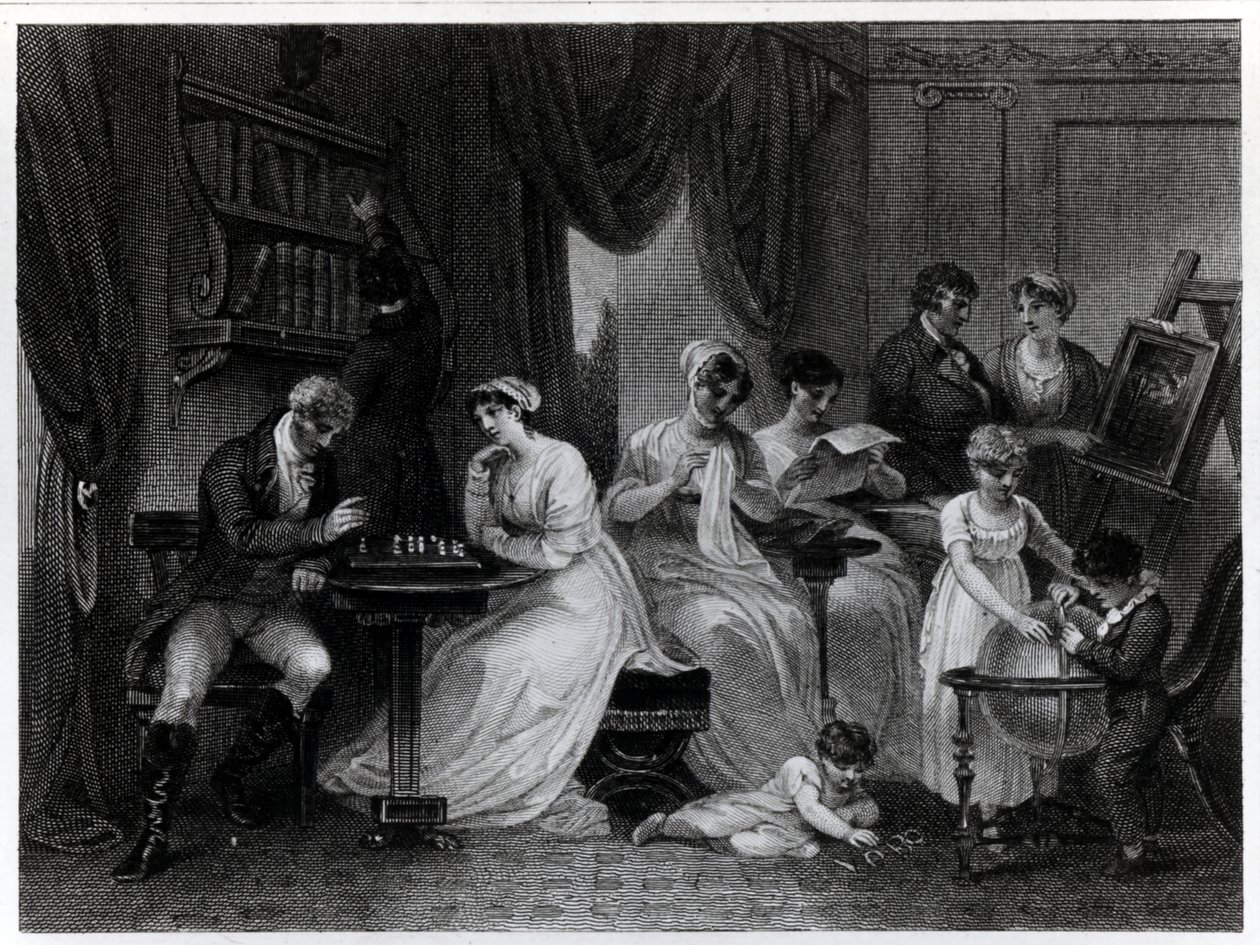 Drawing Room Scene, fra 'The Social Day' av Peter Coxe, gravert av Anker Smith (1759-1819), utgitt 1822 av Henry Singleton