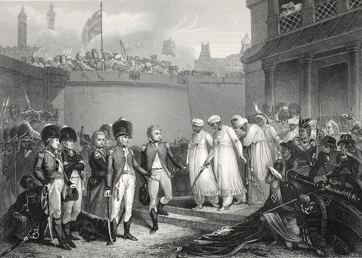 The Surrender of Two Sons of Tippoo Sultaun, gravert av A.H. Payne av Henry Singleton