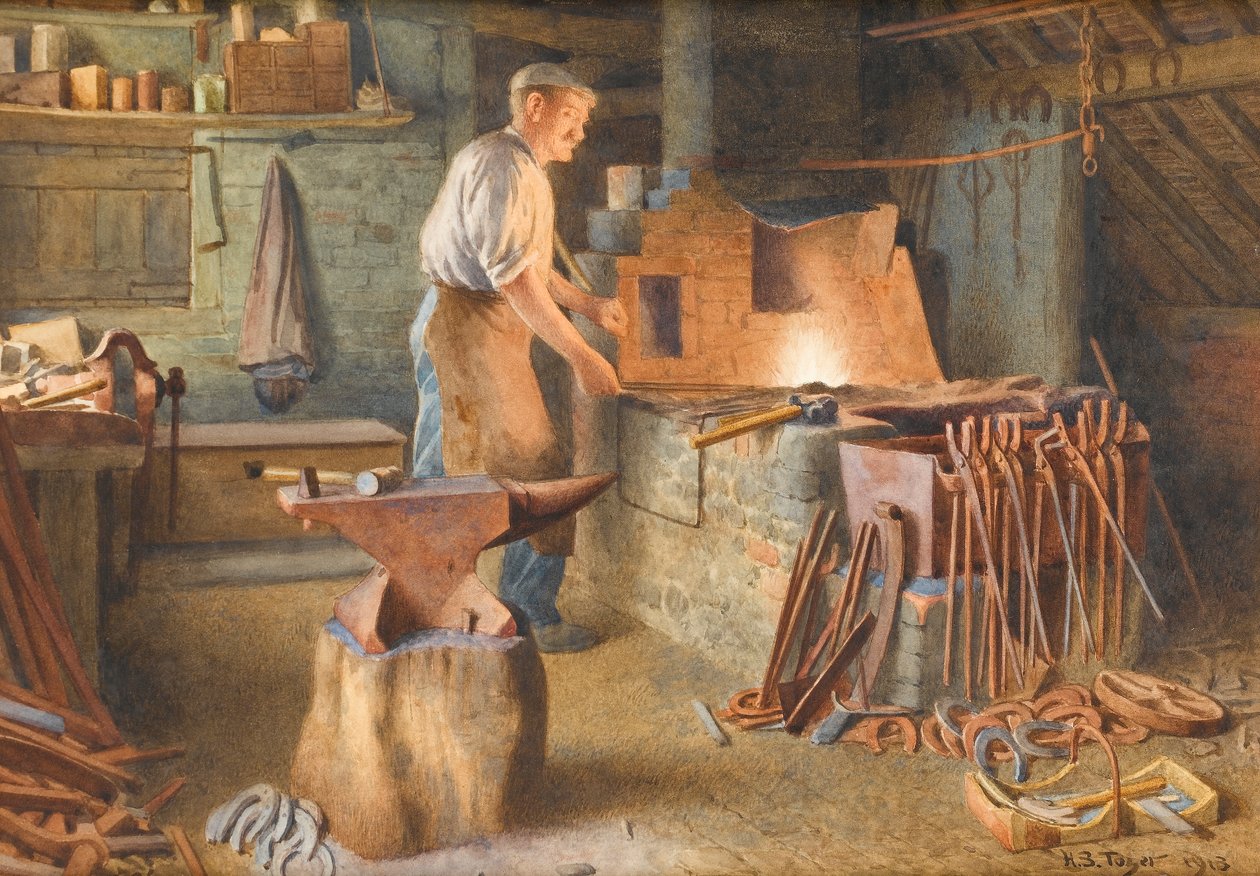 The Village Blacksmith, 1918 (wc på papir) av Henry Spernon Tozer
