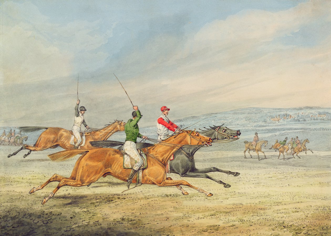 Steeplechasing: Tre ryttere galopperende til høyre, monterte tilskuere i bakgrunnen (grafitt og wc på papir) av Henry Thomas Alken