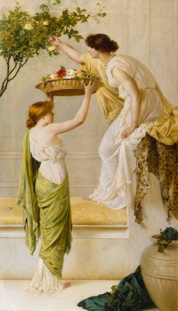 En kurv med roser, greske jenter, ca. 1890 av Henry Thomas Schaefer