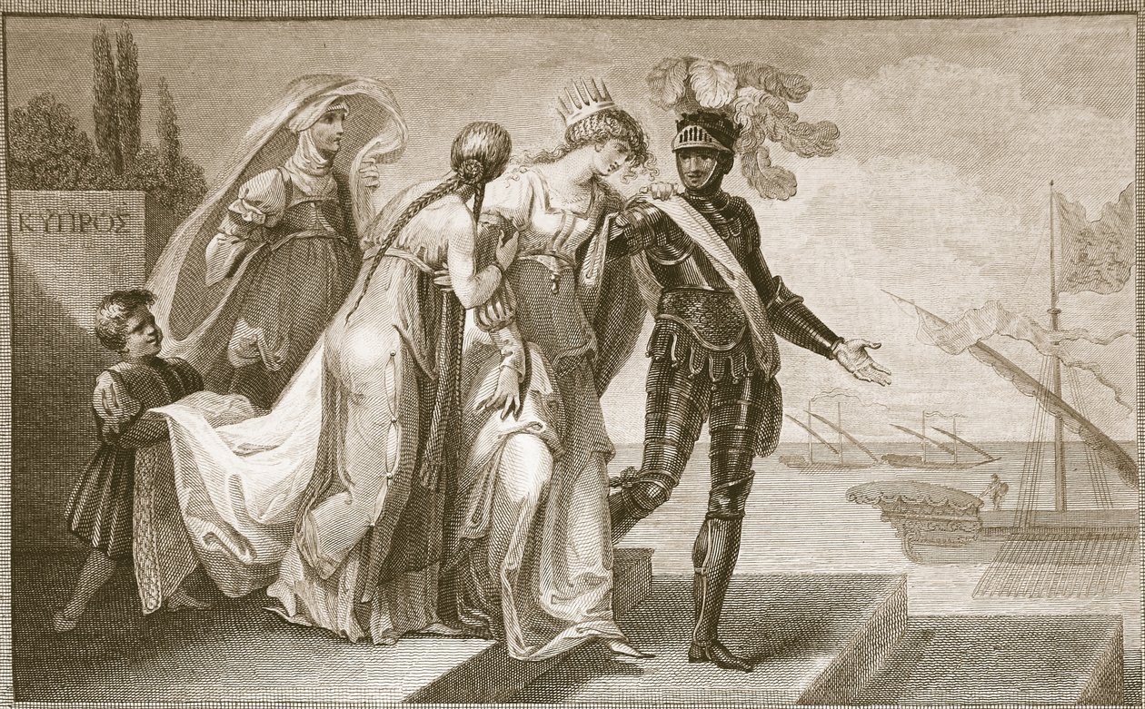 Richard I forlater Kypros, gravert av J. Fittler, illustrasjon fra David Humes 'The History of England', pub. av R. Bowyer, London, 1812 av Henry Tresham