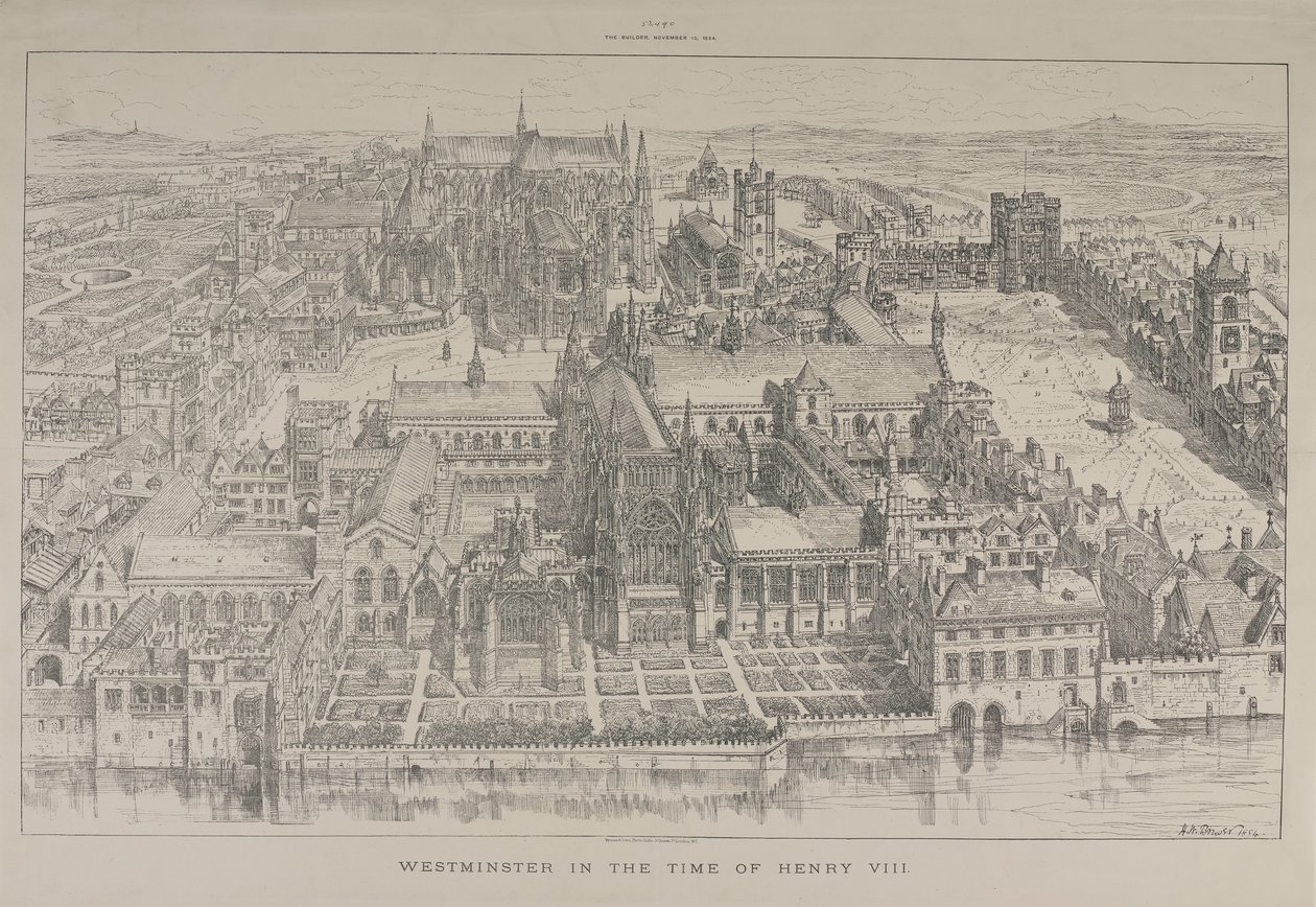 Luftfoto av Westminster Abbey og Palace of Westminster på Henry VIIIs tid, 1884 av Henry William Brewer
