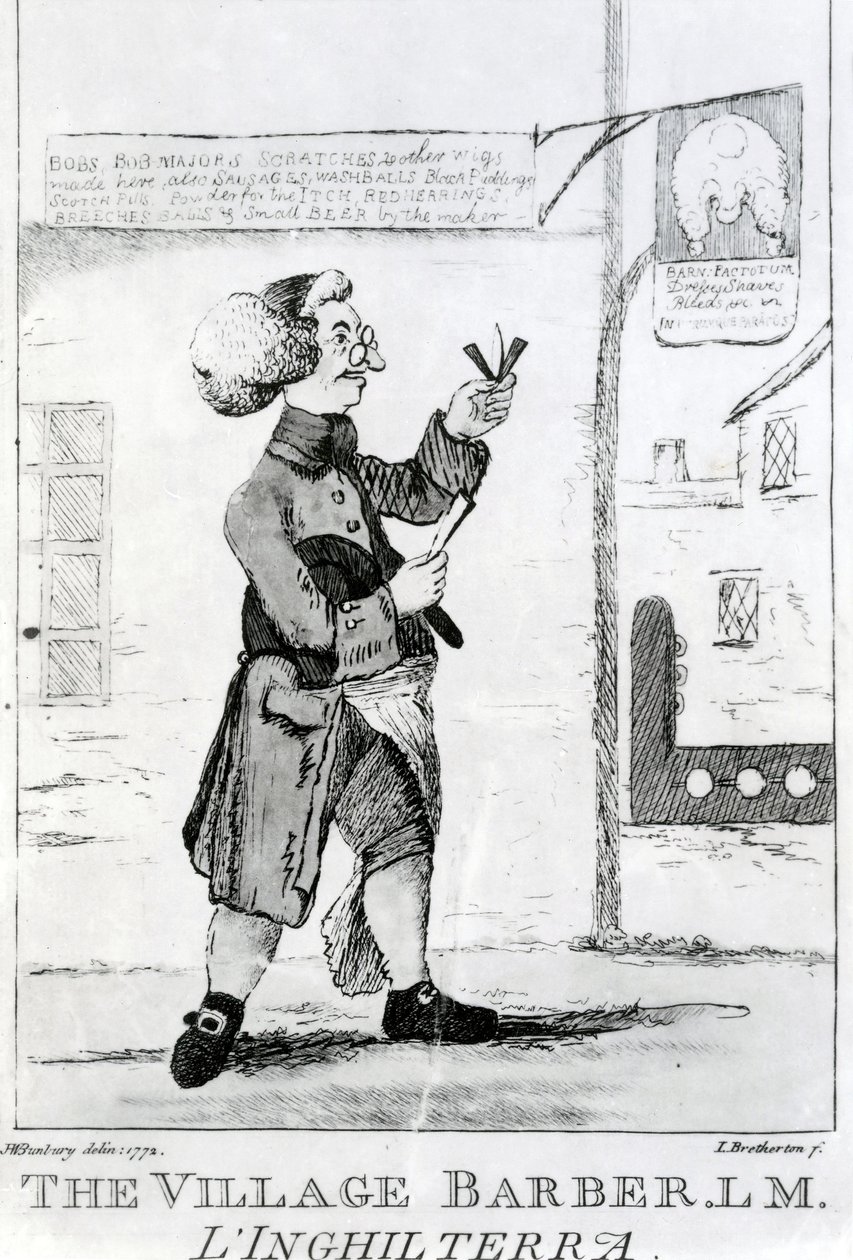 Landsbybarberen L. M. Inglaterra, gravert av James Bretherton (1750-99), 1772 av Henry William Bunbury