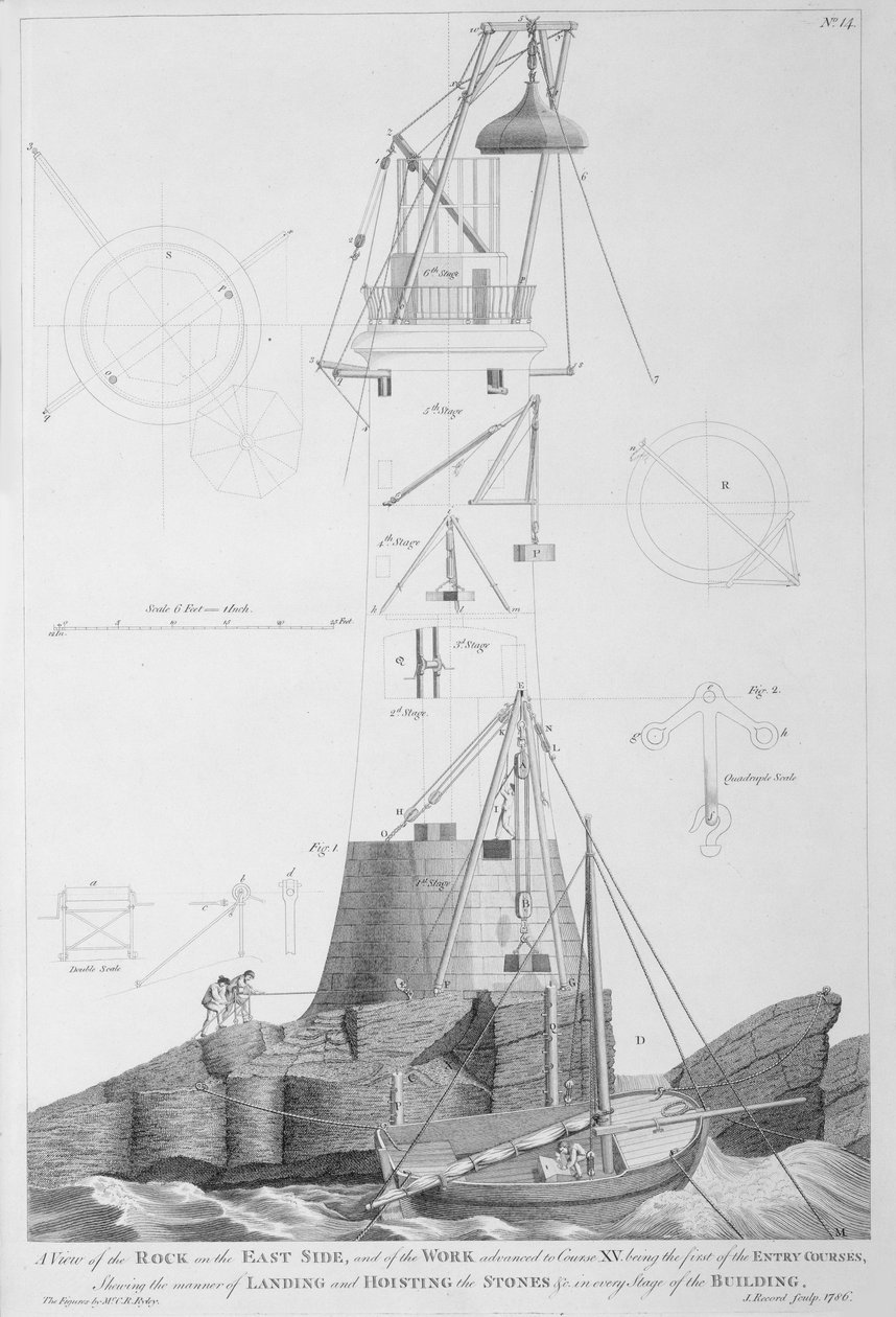 Eddystone Lighthouse gravert av John Record (fl.1768-86), 1786 av Henry Winstanley