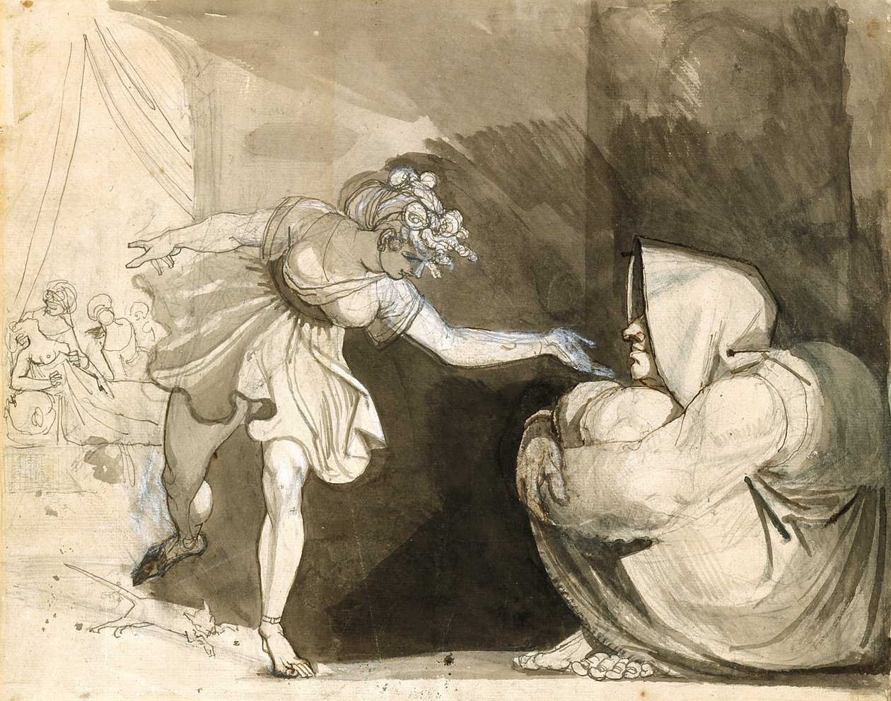 Galinthias overliste Eileithyia ved å kunngjøre fødselen av Herakles (Verso: Portrait Of Mrs. Fuseli) (grafitt, blekk og blekk forsterket med hvitt på hvitt papir) av Henry (1741 1825) Fuseli