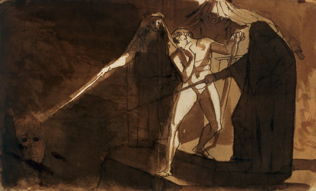 Macbeth og de tre heksene viser ham det væpnede hodet (akvarell) av Johann Heinrich Füssli