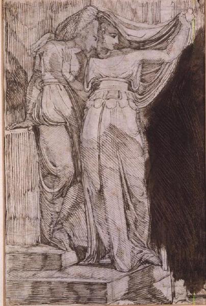 To kvinnelige skikkelser som står på trapper, Roma, mai 1787 av Johann Heinrich Füssli