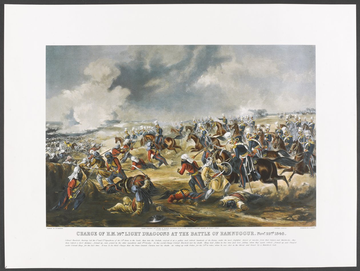 Tiltale for H.M. 14. lette dragoner i slaget ved Ramnuggur, 22. november 1848, gravert av J. Harris, ca. 1851 (fargefotolito) av Henry (after) Martens
