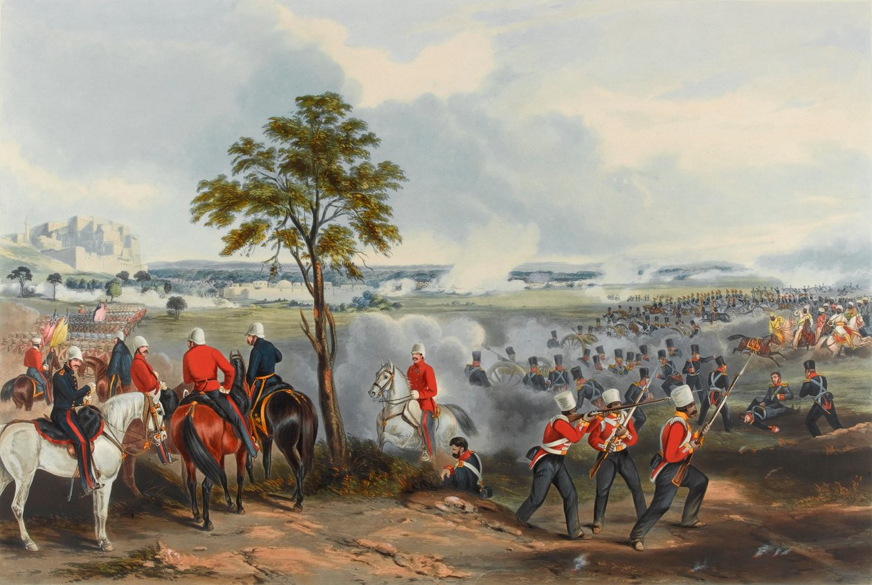 Slaget ved Goojerat, 21. februar 1849 (akvatint, farget) av Henry (after) Martens