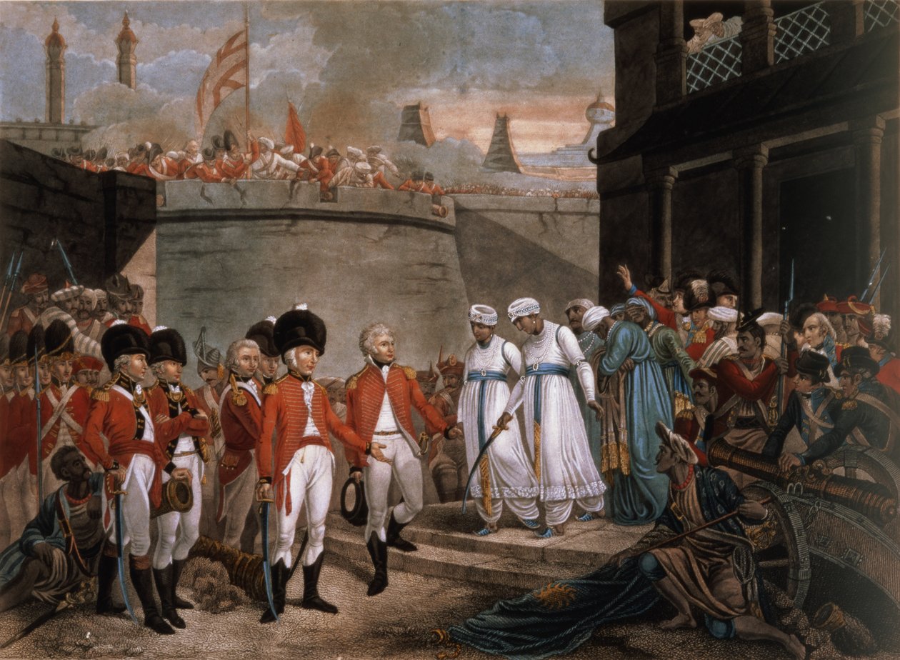 The Surrender of Two Sons of Tippoo Sahib (1749–99) som gisler som erstatning for krigen mot Storbritannia av Henry (after) Singleton
