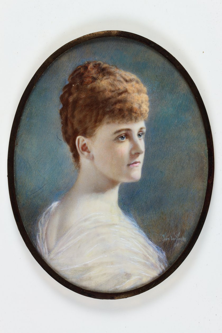 En dame i en hvit kjole, sannsynligvis Frances Evelyn (Daisy) Greville, født Maynard, Lady Brooke, senere grevinne av Warwick av Henry (attr.to) Van der Weyde