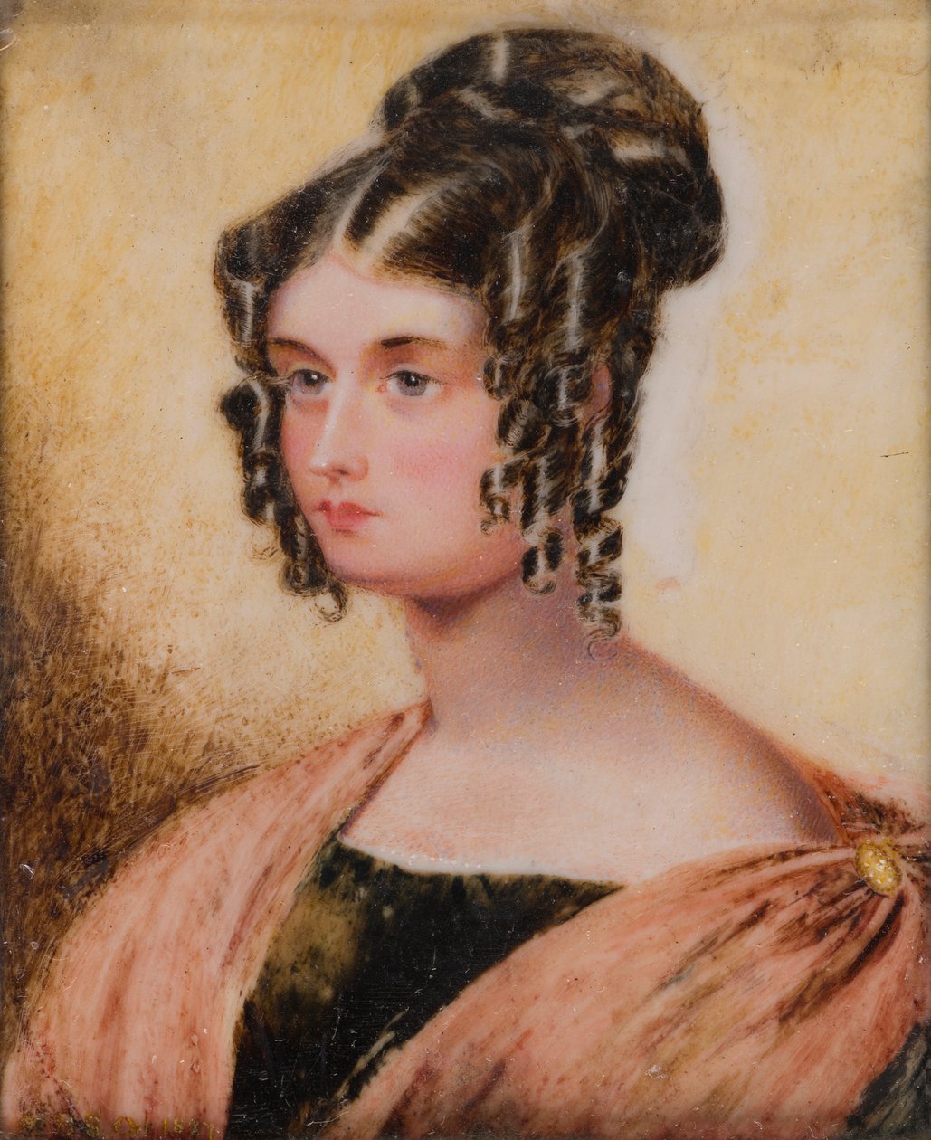 Portrett av Eliza Caroline Chamberlain, Hon. Mrs Charles Bridgeman (1799-1887), ca. 1817-60 (olje på elfenben) av Henry (circle of) Collen