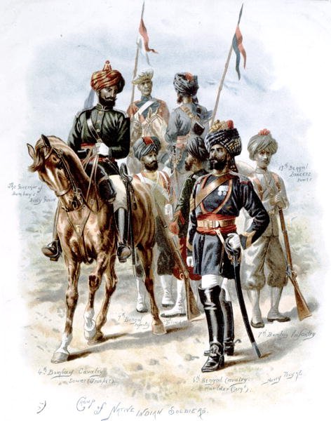 Gruppe av indiske soldater, tidlig på det tjuende århundre (farge litho) av Henry A. Payne