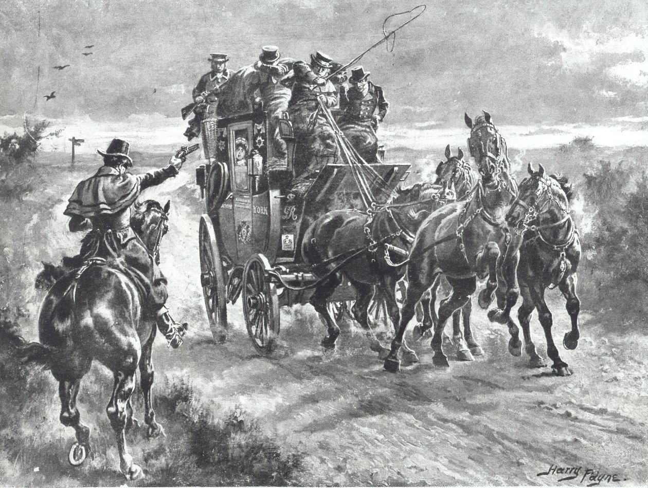 'Stand and Deliver', roadman holder opp diligensen på begynnelsen av 1800-tallet (litho) av Henry A. Payne